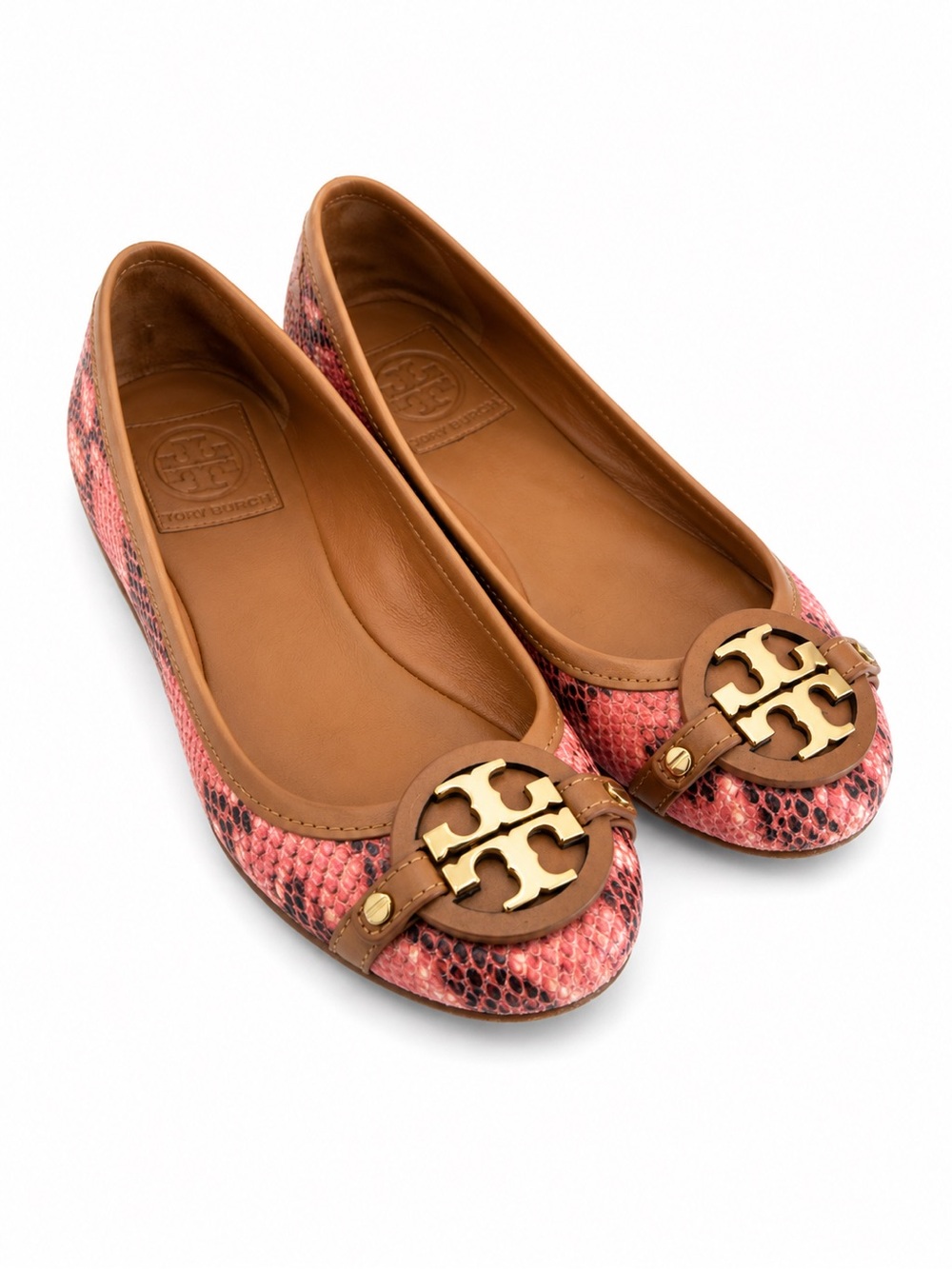 Tory Burch Pink Snakeskin-Print Leather Logo Ballet Flats with Tan Trim CT